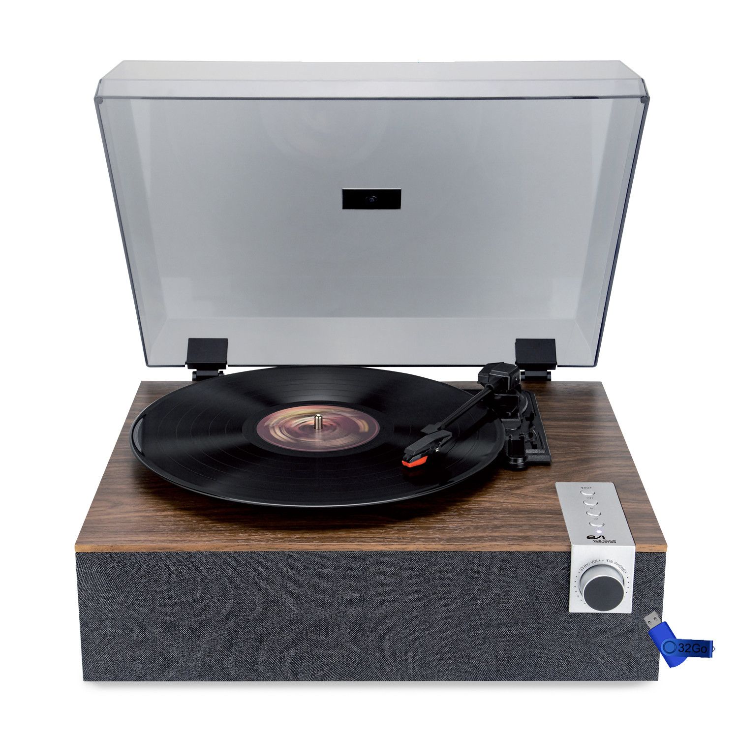 Evidence Acoustics EA-PL200-WOOD Vinyl Turntable - 40W Integrated Speakers, 3 Speeds (33, 45, 78 RPM), Bluetooth + USB 32GB Key