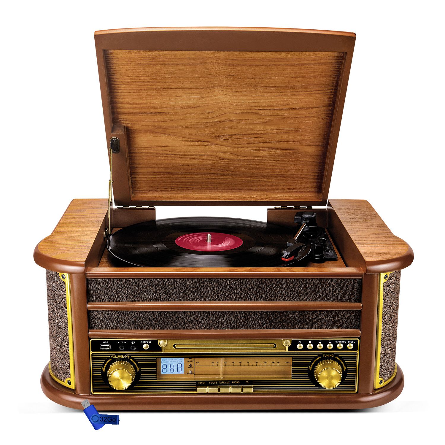 Evidence Acoustics EA-PL400 Turntable - Vinyl 33/45/78, 60W PMPO, FM Radio, CD, Cassette, Bluetooth USB, REC, Retro, Wood + 32G USB Key