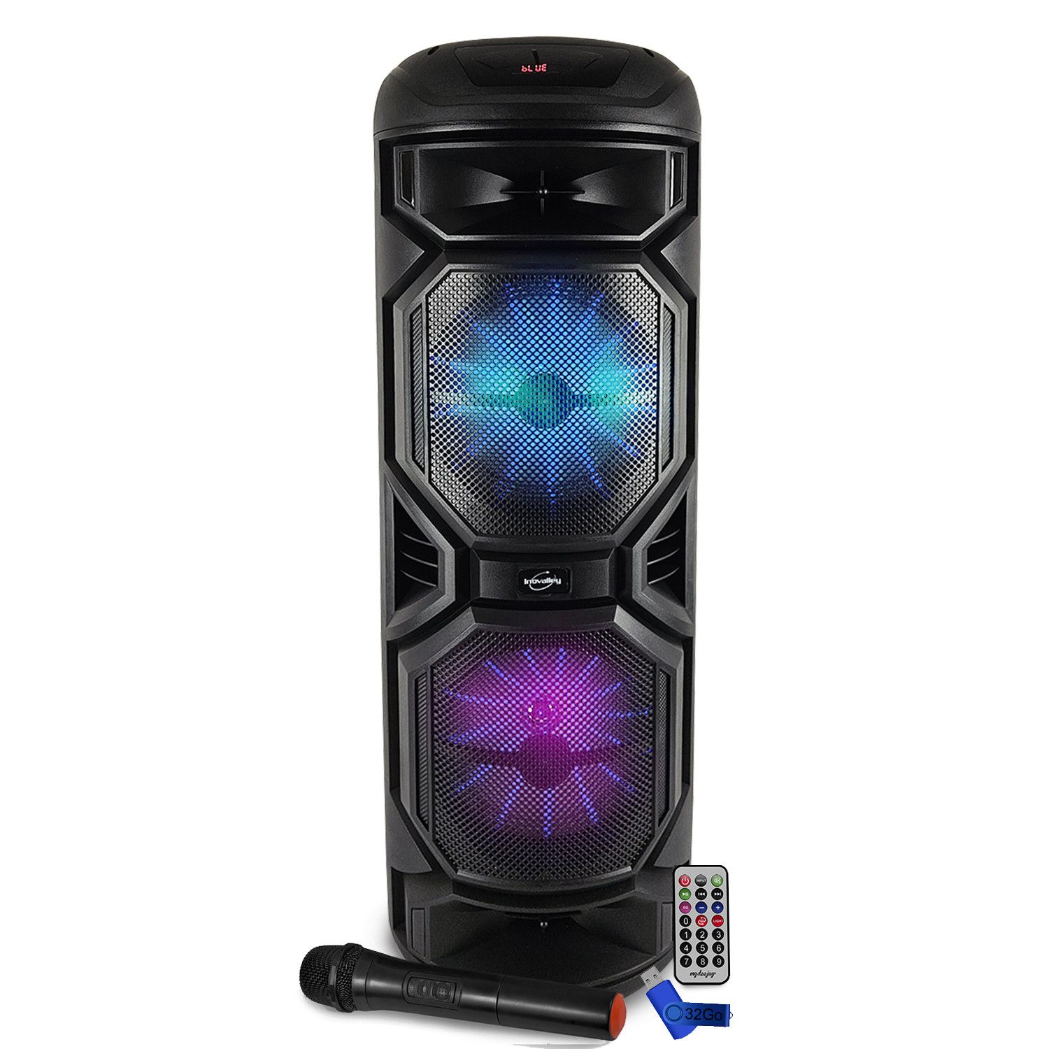 Haut-parleur karaoké lumineux Inovalley HP59-XXL 800W avec batterie rechargeable Bluetooth