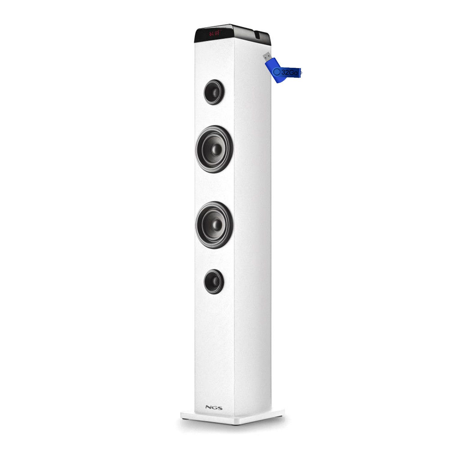 NGS SKYCHARM Pro White Soundbar, Multi-Pairing Bluetooth, USB, Optical Input, Microphone + 32GB USB Key