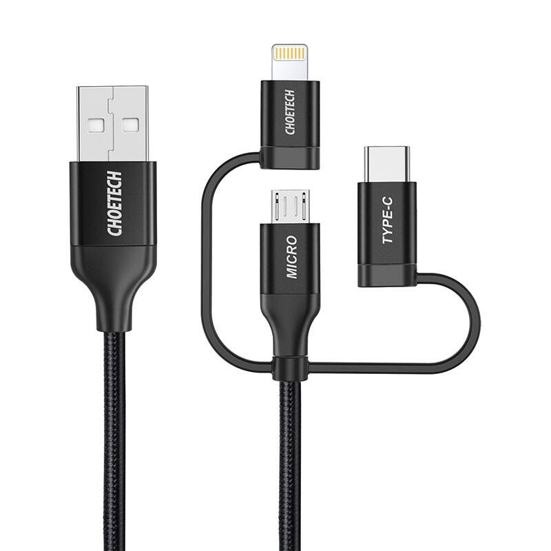 Choetech Cable IP0030, MFi 3-in-1, USB-A/Lightning/Micro USB/USB-C, 5V, 1.2m (Black)