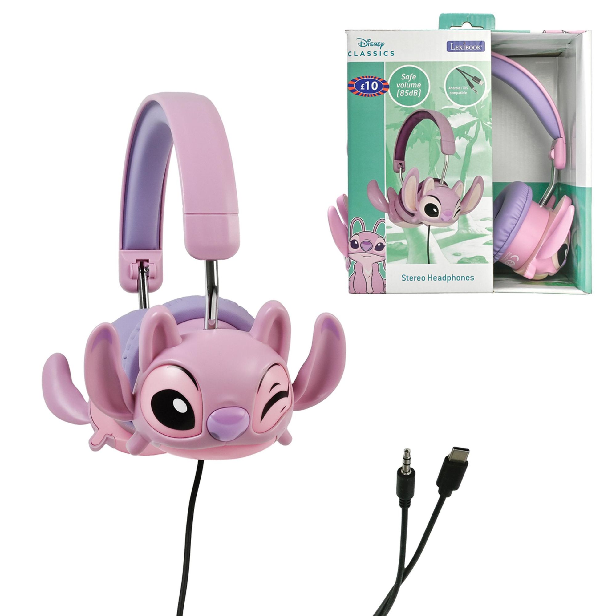Auriculares estéreo con cable plegables de Disney Stitch Ángel con limitación de volumen de Lexibook