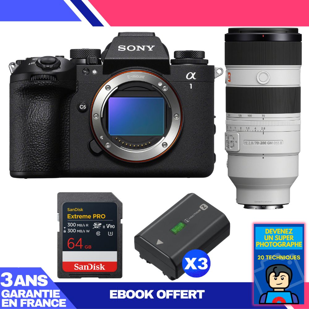 Sony Alpha 1 II Camera Body + FE 70-200mm f/2.8 GM OSS II Lens + 1 SanDisk 64GB Extreme PRO UHS-II SDXC + 3 Sony NP-FZ100 Batteries + Ebook 'Become a Super Photographer'