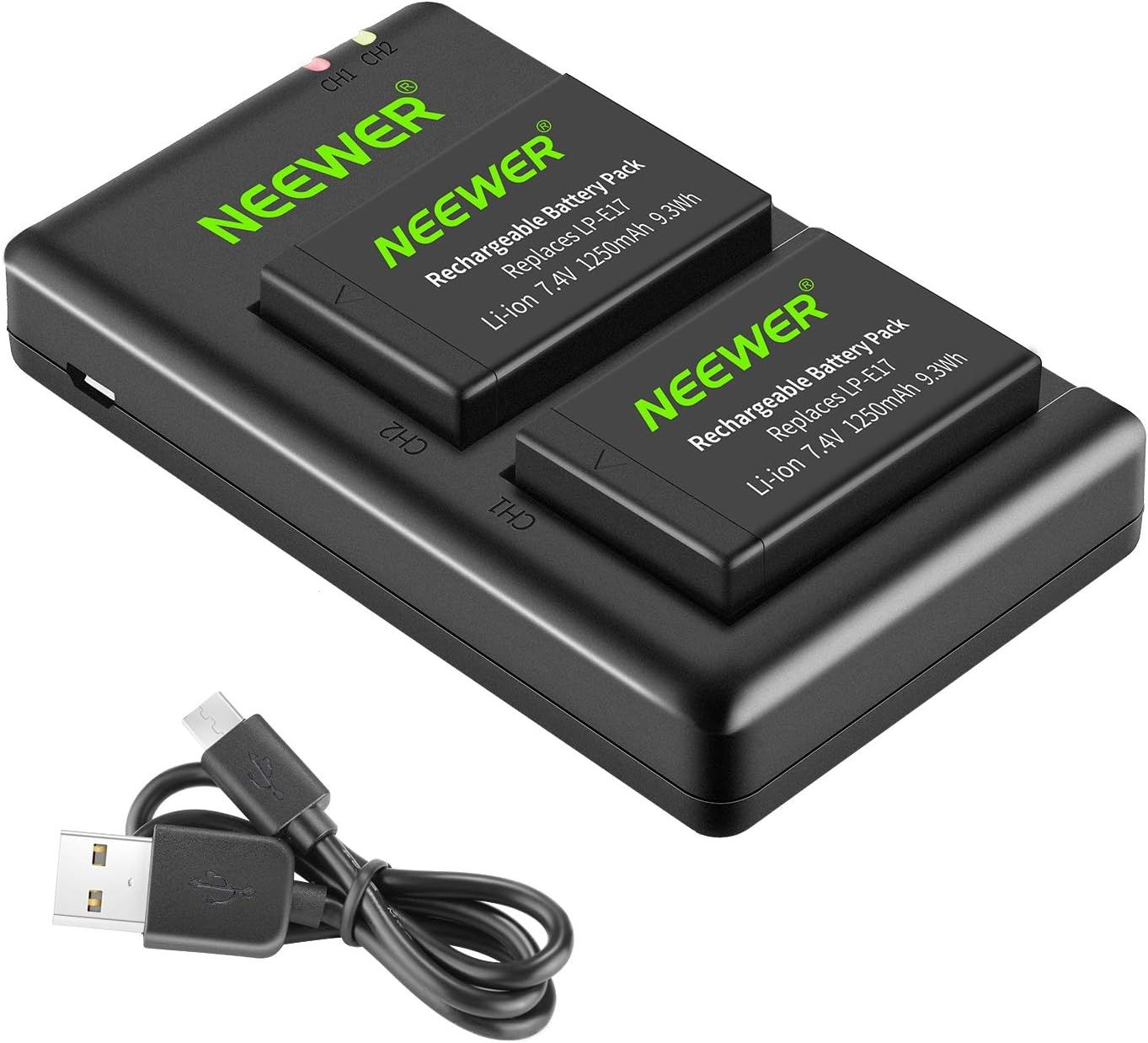 2 Paquetes de Baterías de Reemplazo Neewer LP-E17 y Cargador USB Doble para Canon EOS R8, R10, R50, RP, 77D, 750D, 760D, 800D, 8000D, M6 II, M6, M5, M3, Rebel SL2, SL3, T6i, T6s, T7i, T8i