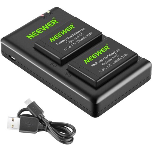 2 Paquetes de Baterías de Reemplazo Neewer LP-E17 y Cargador USB Doble para Canon EOS R8, R10, R50, RP, 77D, 750D, 760D, 800D, 8000D, M6 II, M6, M5, M3, Rebel SL2, SL3, T6i, T6s, T7i, T8i