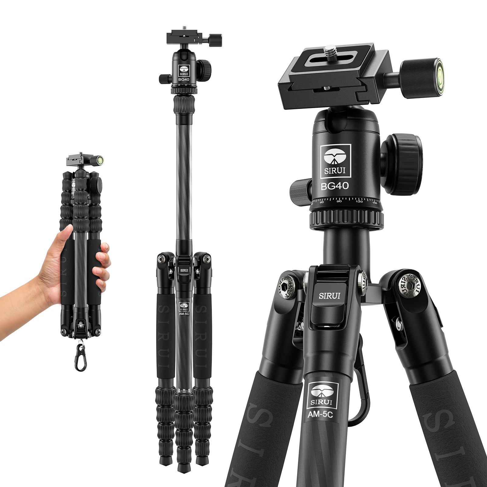 Sirui AM-5C Carbon Fiber Travel Tripod, 6kg Load, Max Height 137cm, with Carrying Bag - For DSLR, Hybrid and Vlog Cameras