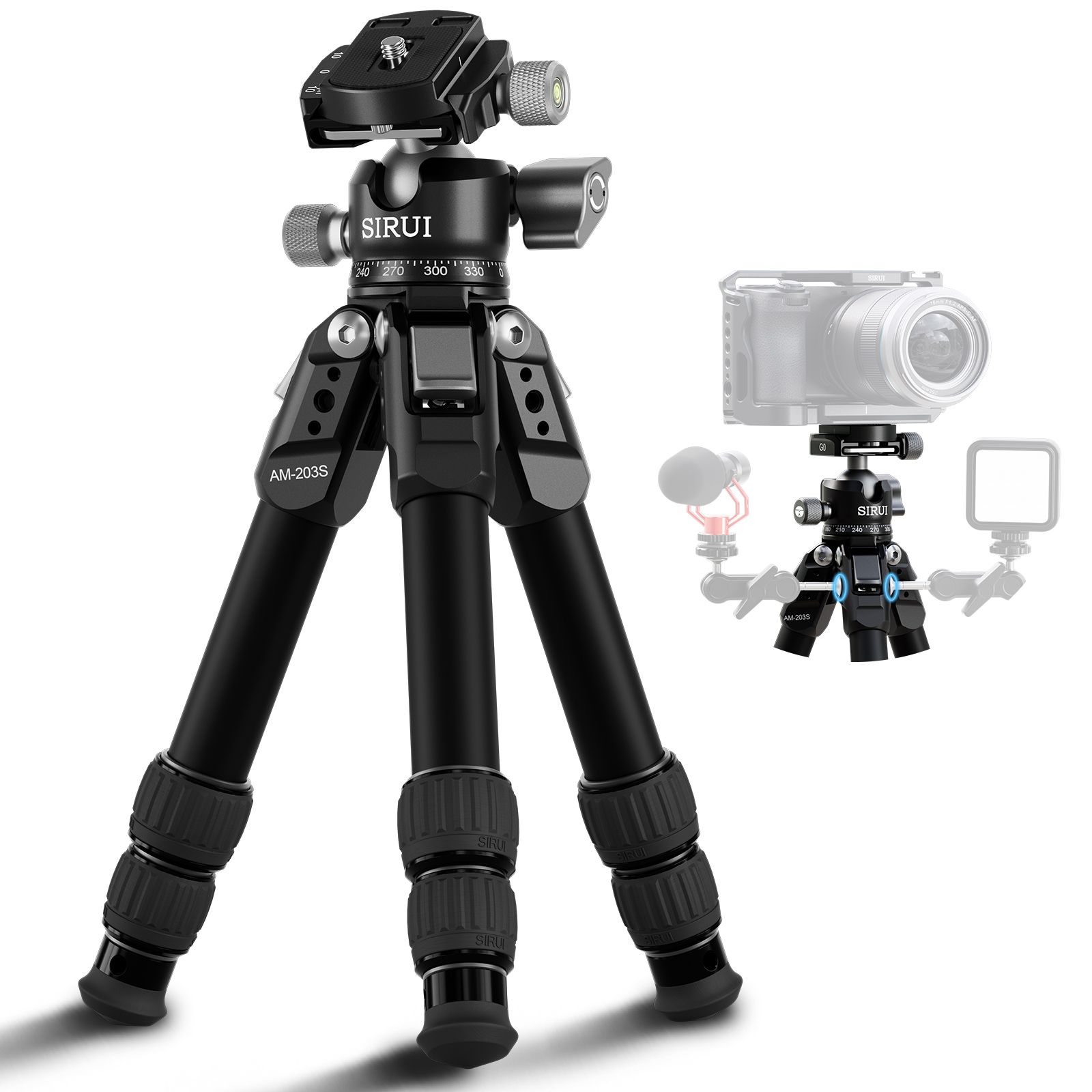 Trípode de mesa Sirui AM-223S+G0 de fibra de carbono con cabezal panorámico de 360°