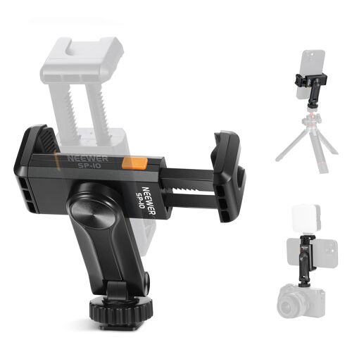 Neewer Phone Tripod Mount with 1/4' Thread and Cold Shoe, 6-9cm, Rotating Camera Stand 360°, Compatible with iPhone 15/14/13/12/11 Pro Max/X/XR & Samsung S24 Ultra, SP-10