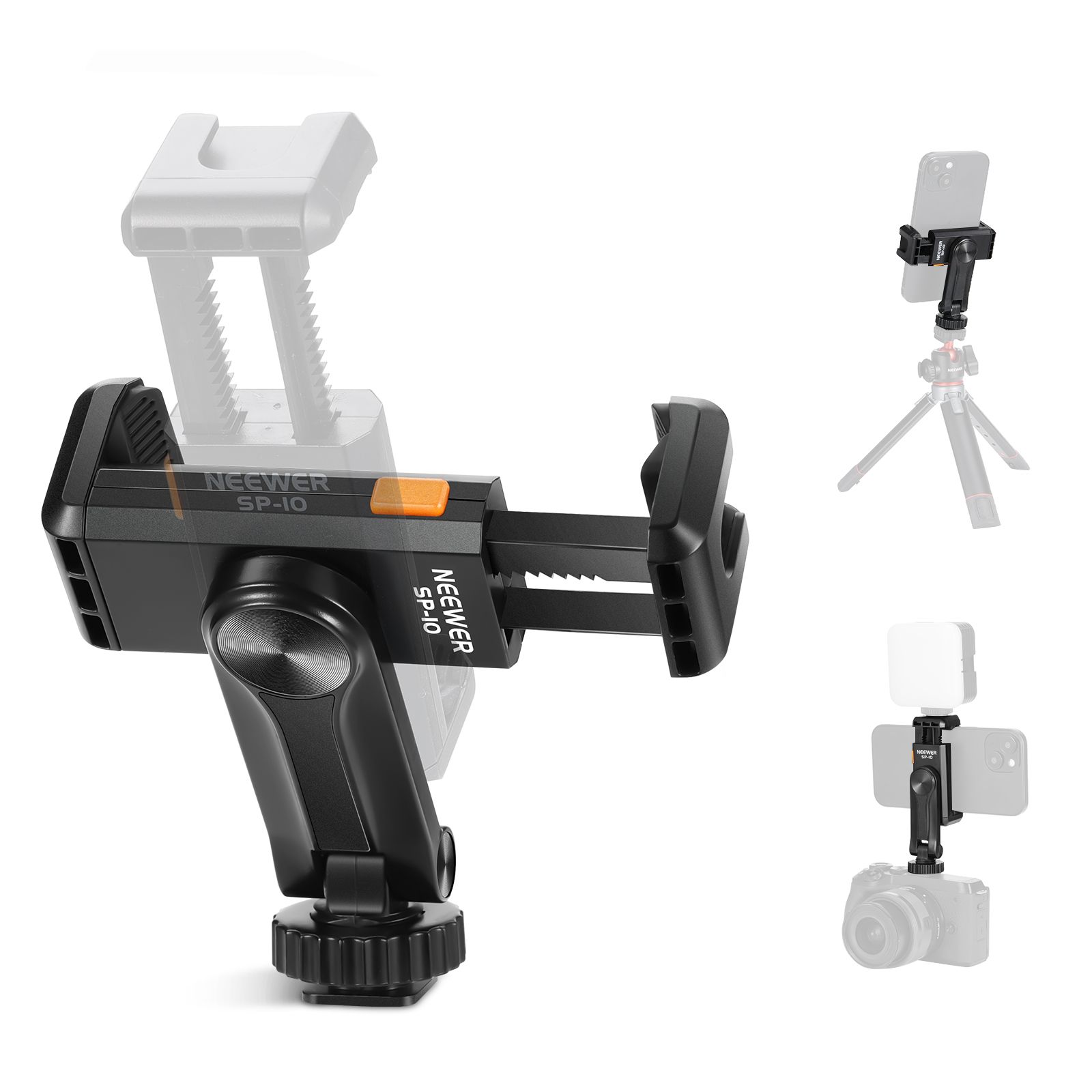 Soporte para teléfono con trípode Neewer con rosca 1/4'' y pinza fría, de 6 a 9 cm, soporte giratorio para cámara de 360°, compatible con iPhone 15/14/13/12/11 Pro Max/X/XR y Samsung S24 Ultra, SP-10