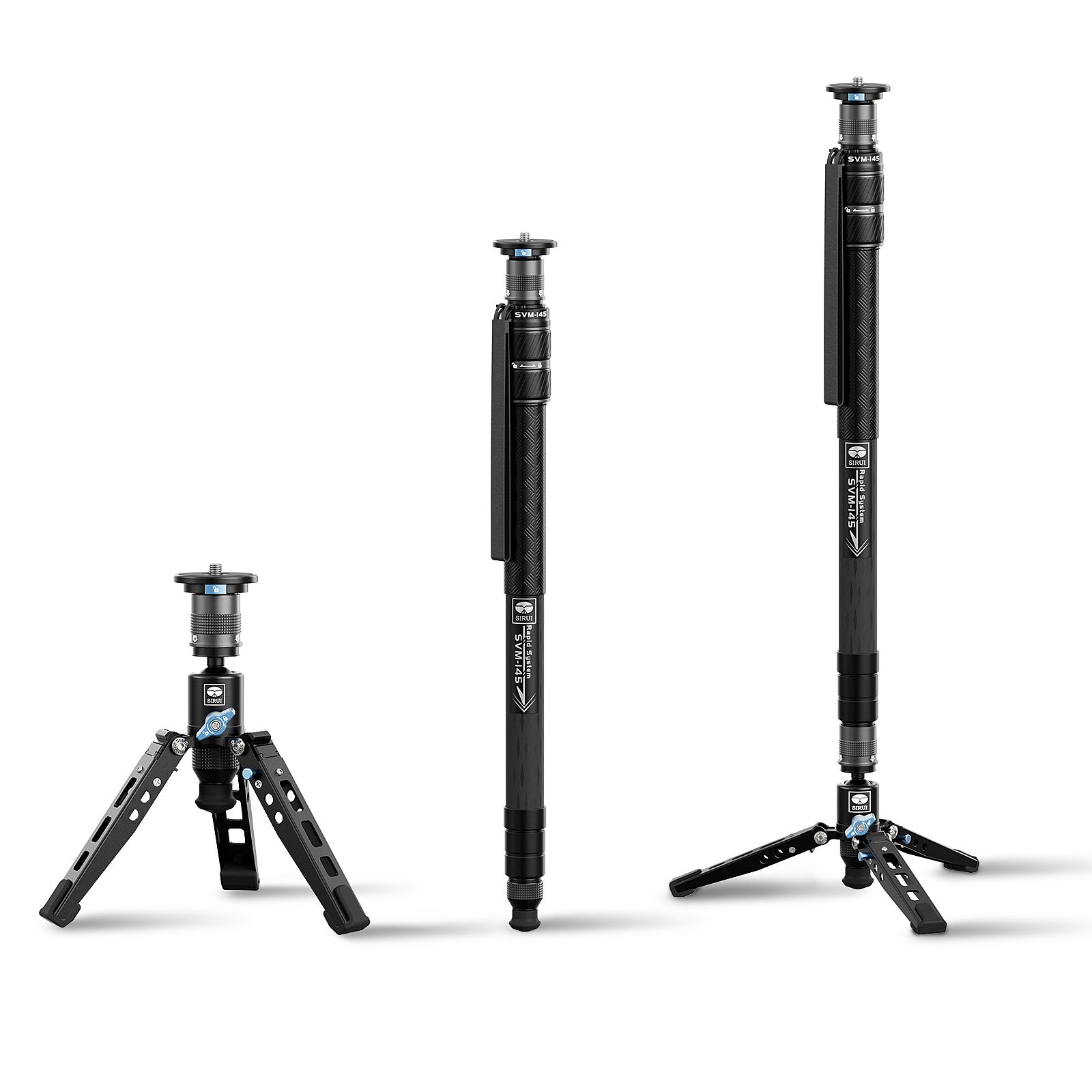 Monopié profesional Sirui SVM-145 de fibra de carbono con pies, ajuste rápido, modular 3 en 1, altura 145 cm, carga máxima 10 kg