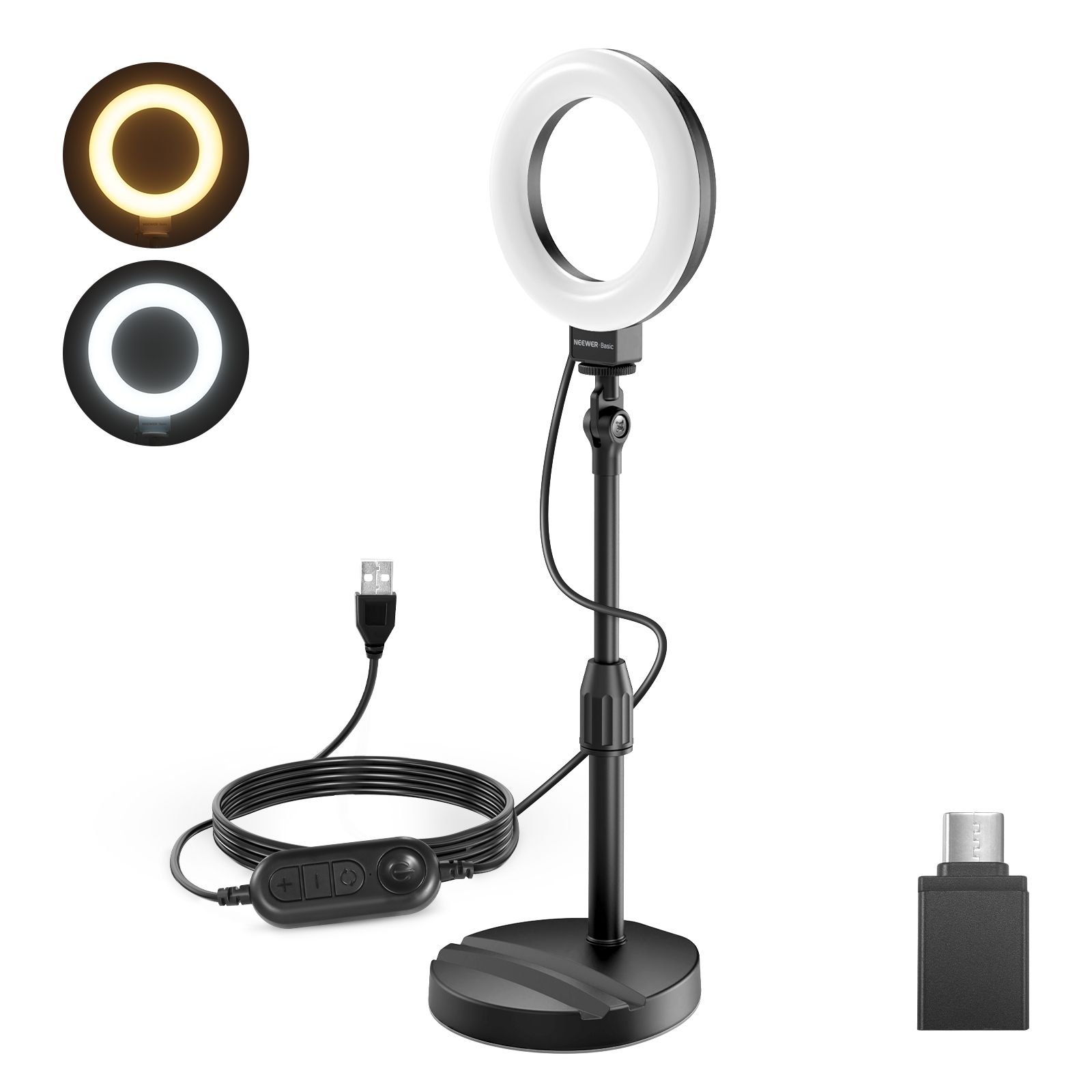 Anillo de luz de escritorio brillante Neewer de 13 cm con soporte, montaje para teléfono para selfies, compatible con iPhone, grabación de video, cámara web, Zoom, maquillaje, negro BR60