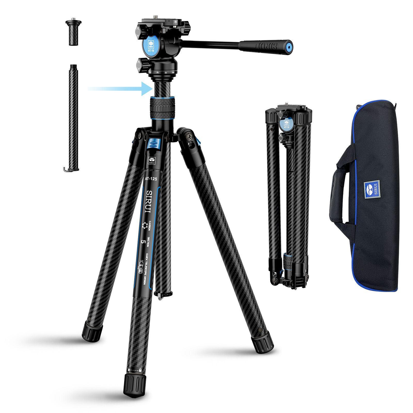 Sirui Traveler X Carbon Tripod - 152cm, 0.9kg, Panoramic Fluid Head 360°, Reversible Center Column, Foldable Legs, Max Load 5kg
