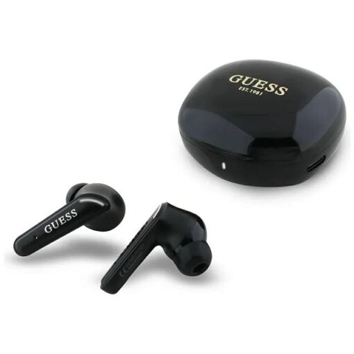 Auriculares inalámbricos Guess Flat Classic con logotipo electroplateado y estuche de carga (Negro)
