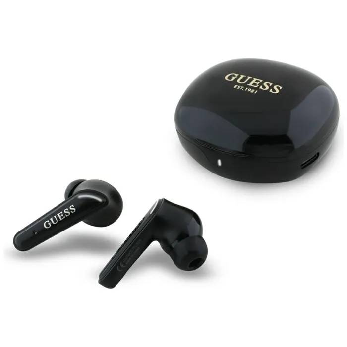 Guess Flat Classic Wireless Earbuds with Electroplated Logo and Charging Case (Black)