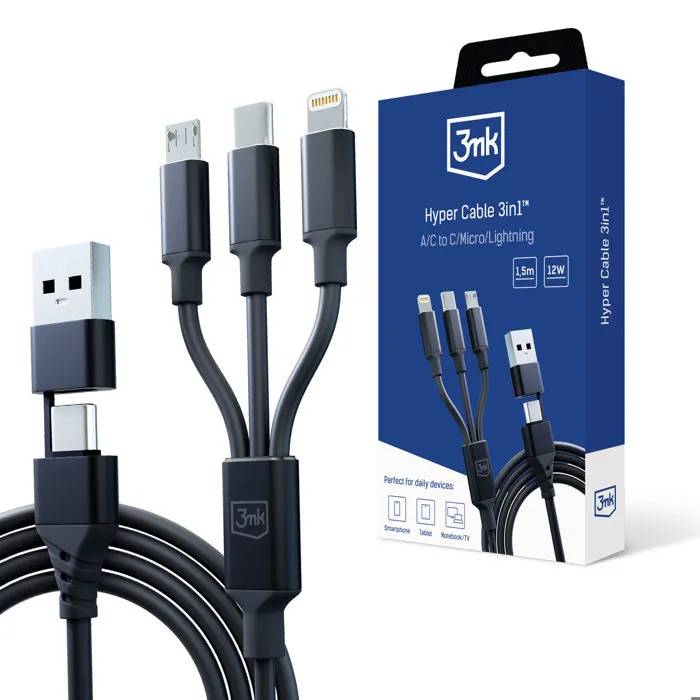 Câble 3MK Protection Hyper 3 en 1 (AC vers C/Micro/Lightning), 1,5 m, Noir
