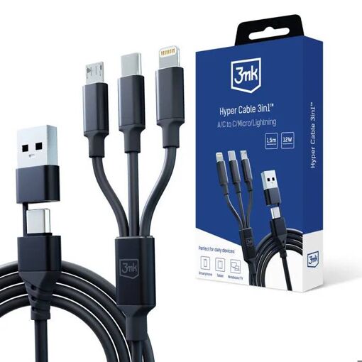 Câble 3MK Protection Hyper 3 en 1 (AC vers C/Micro/Lightning), 1,5 m, Noir