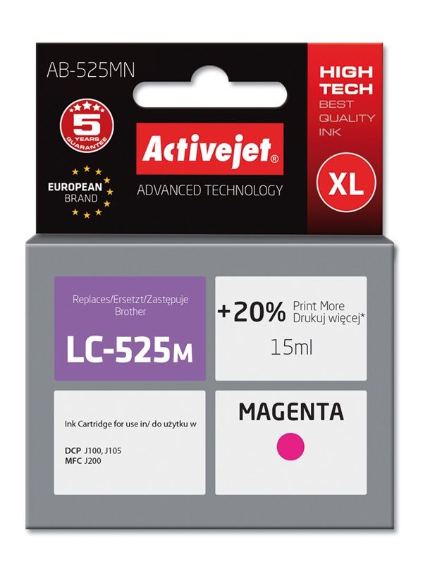 Activejet Ink Cartridge AB-525MN (Brother LC525M Replacement, 15ml, Red)