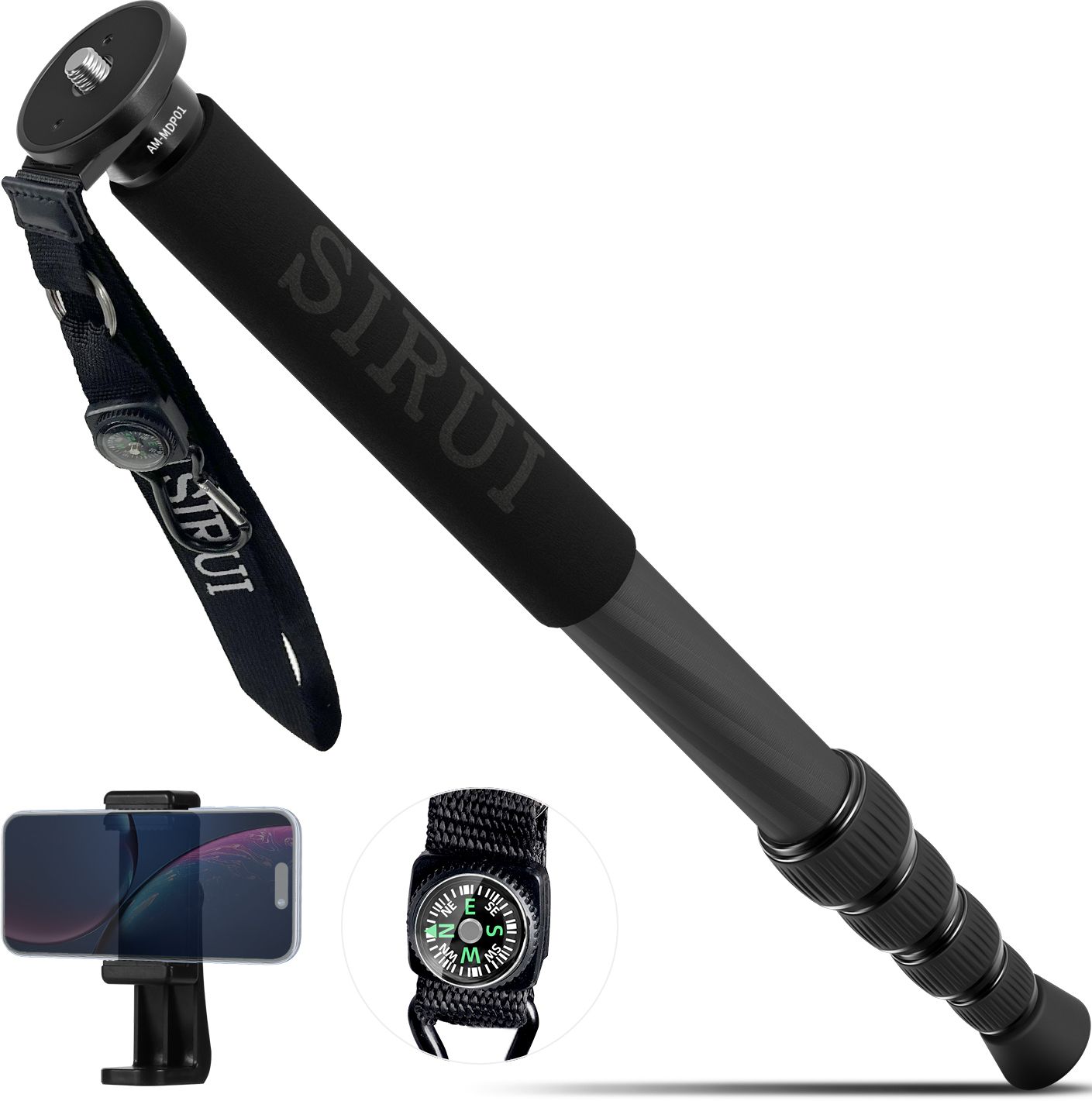 Monópodo Sirui AM-MDP01 de fibra de carbono, 165 cm, 6 secciones, carga máxima 15 kg con soporte para teléfono, para cámara y foto de viaje