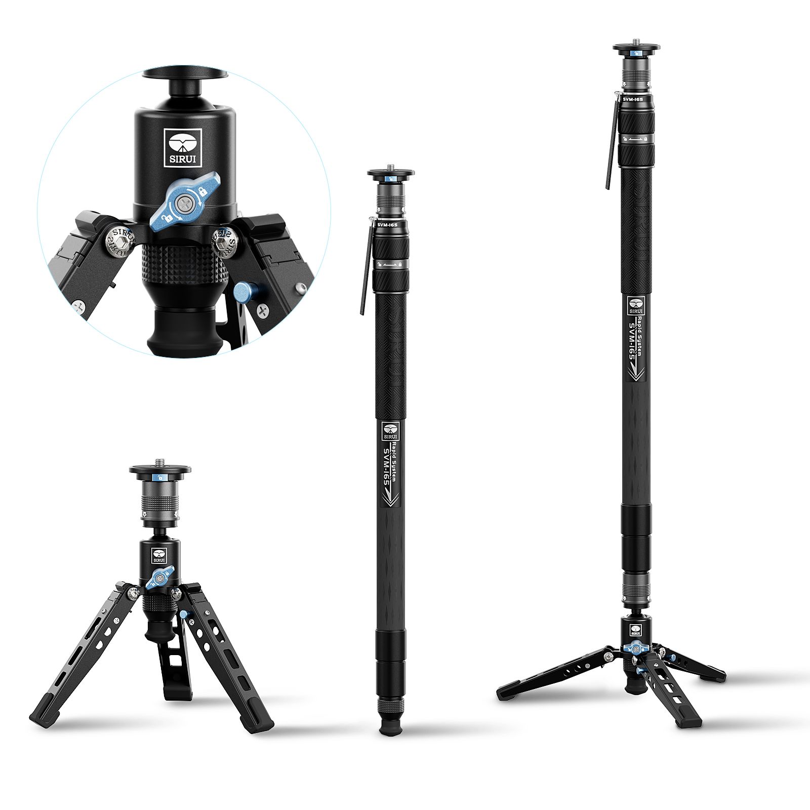 Monópode de fibra de carbono Sirui SVM-165, Ajuste rápido, Ligero, Modular 3 en 1 con Patas, Ideal para DSLR y Cámara, Altura 165 cm, Carga máxima 10 kg