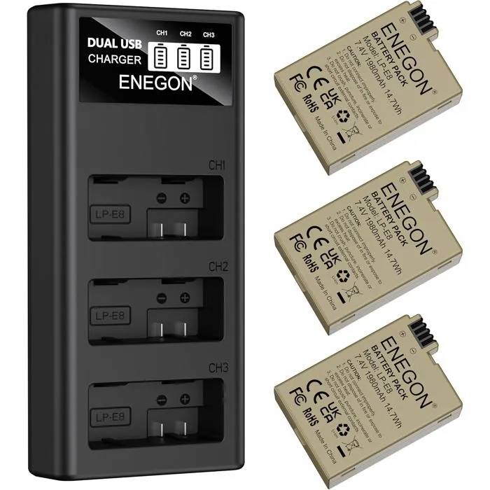 Paquete de 3 baterías ENEGON LP-E8 (1980 mAh) + cargador LED de 3 puertos para Canon EOS Rebel T2i-T5i / Kiss X4-X7i / 550D-700D
