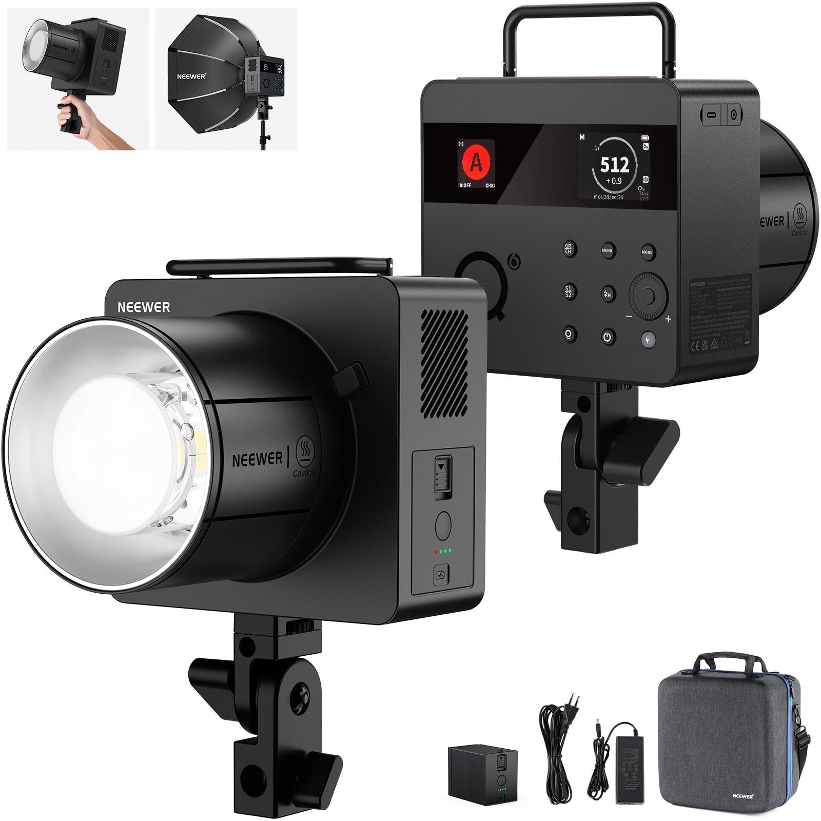 Studio et flash extérieur Neewer Q6, 600W TTL, contrôle via application, vitesse d'obturateur 1/1 à 1/512, batterie 3000 mAh, lampe pilote LED 30 W