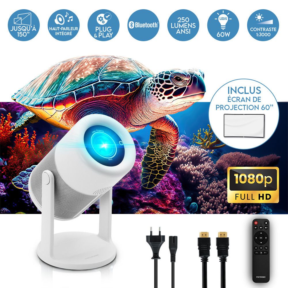 Metronic VIZYO Projector - White (Full HD, 60W LED, Digital Focus)