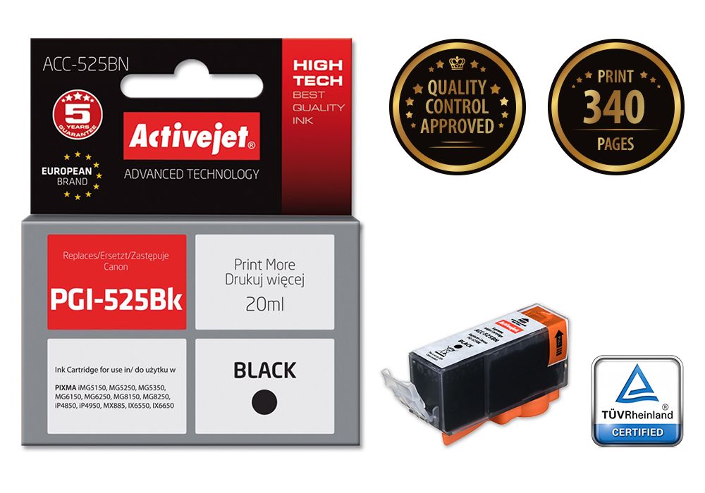 Cartucho de tinta Activejet ACC-525BN (reemplazo de Canon PGI-525PGBK; alto rendimiento; 20 ml; negro)