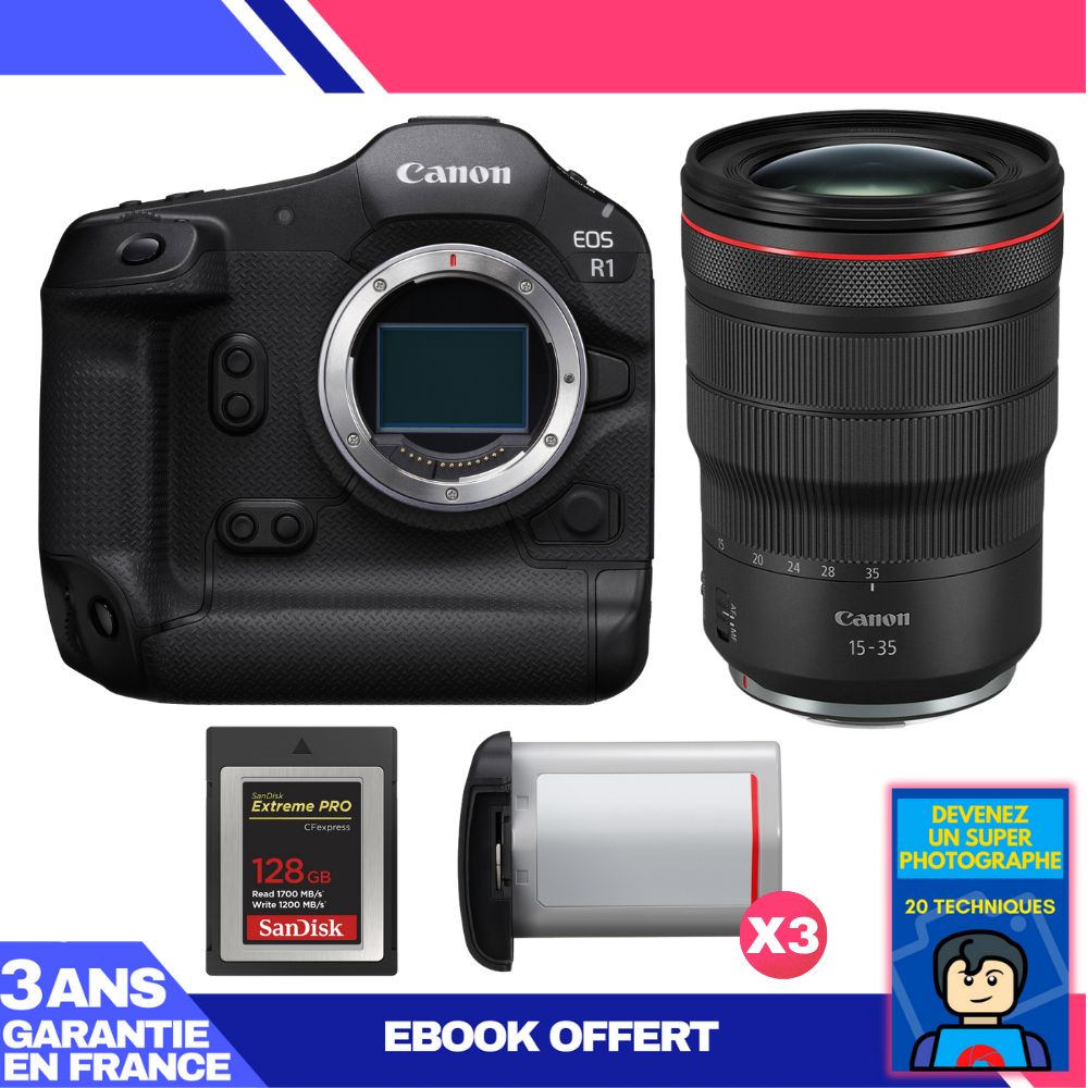 Canon EOS R1 + RF 15-35mm f/2.8 L IS USM + 1 SanDisk 128GB Extreme PRO CFexpress Type B + 3 Canon LP-E19 + Ebook 'Devenez Un Super Photographe
