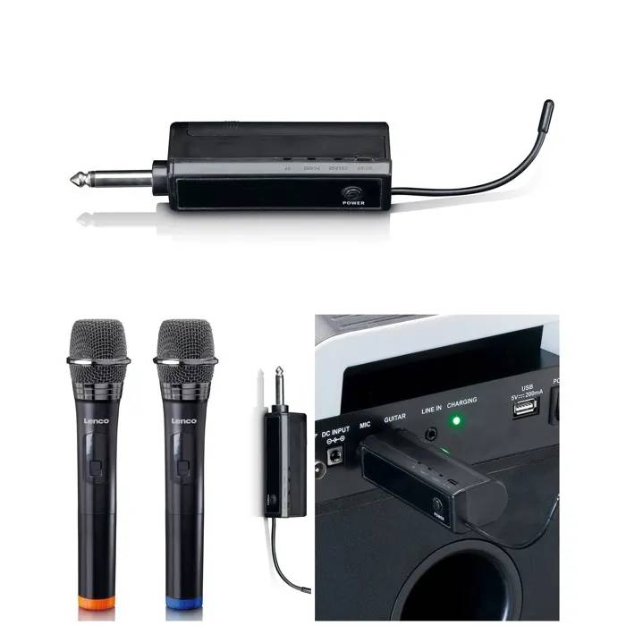 Lenco Wireless Microphone Kit with Portable Receiver - 2 Wireless Microphones and Rechargeable Battery