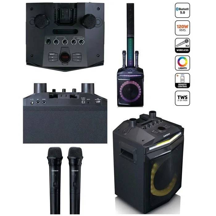 Lenco Portable Bluetooth Speaker PRO 240W with Subwoofer - FM Radio - Removable High-Tone Column - RGB LED Lights - Wireless Dual Microphones