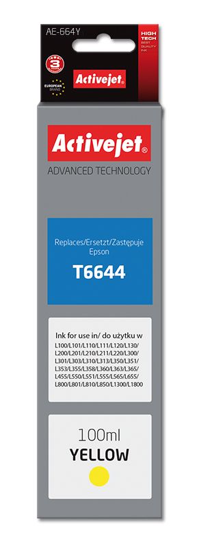 Activejet Epson Ink Bottle AE-664Y, High Yield (XL), 100ml, Yellow