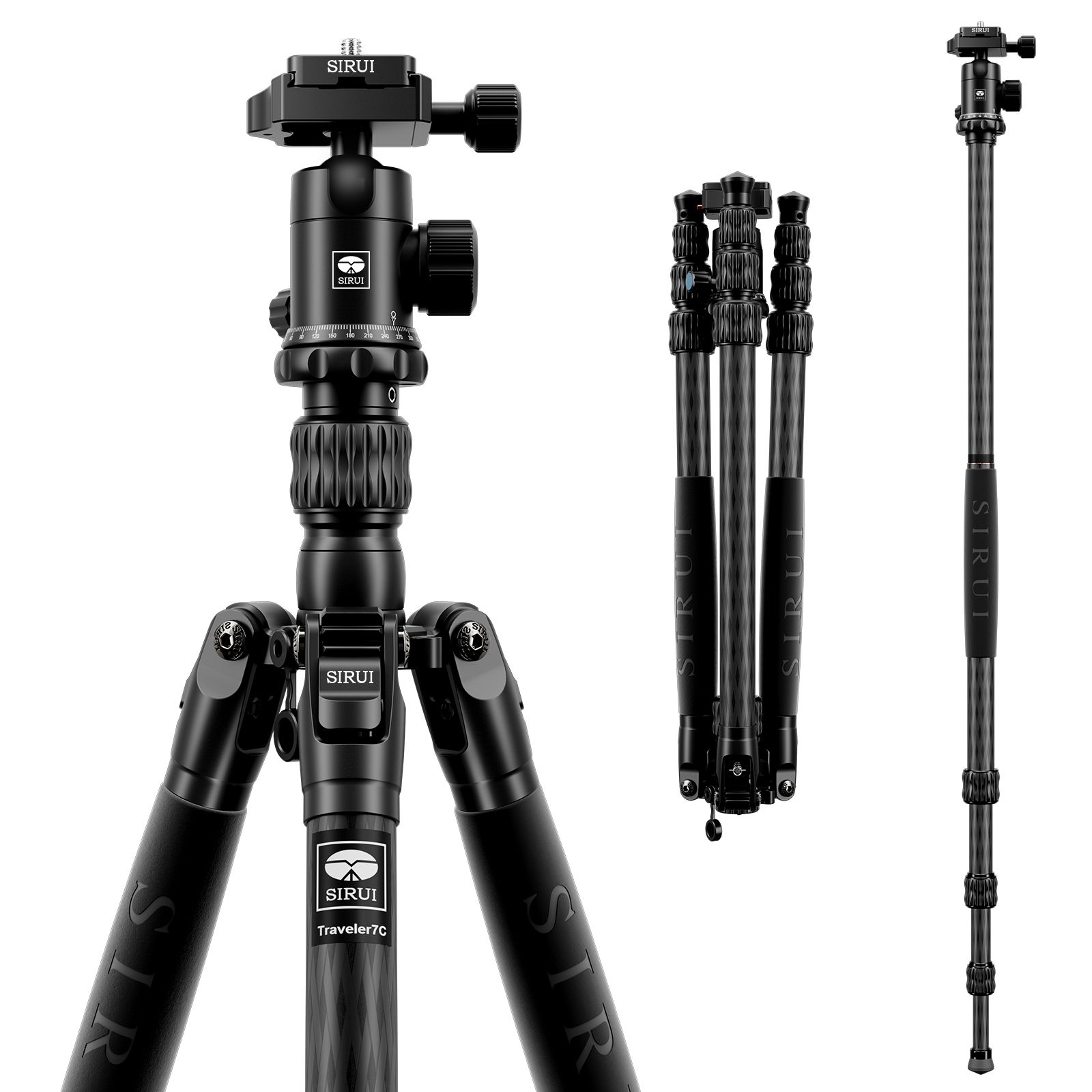 Trípode Sirui Viajero 7C de fibra de carbono con cabezal panorámico E-10, placa Arca Suiza, convertible a monopod