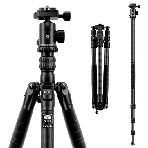 Trípode Sirui Viajero 7C de fibra de carbono con cabezal panorámico E-10, placa Arca Suiza, convertible a monopod