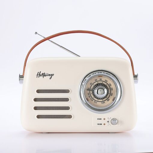 Halterrego Retro Radio Speaker, 5W RMS, Bluetooth, FM Radio, USB Port, Aux IN, Rechargeable Battery, Cream White