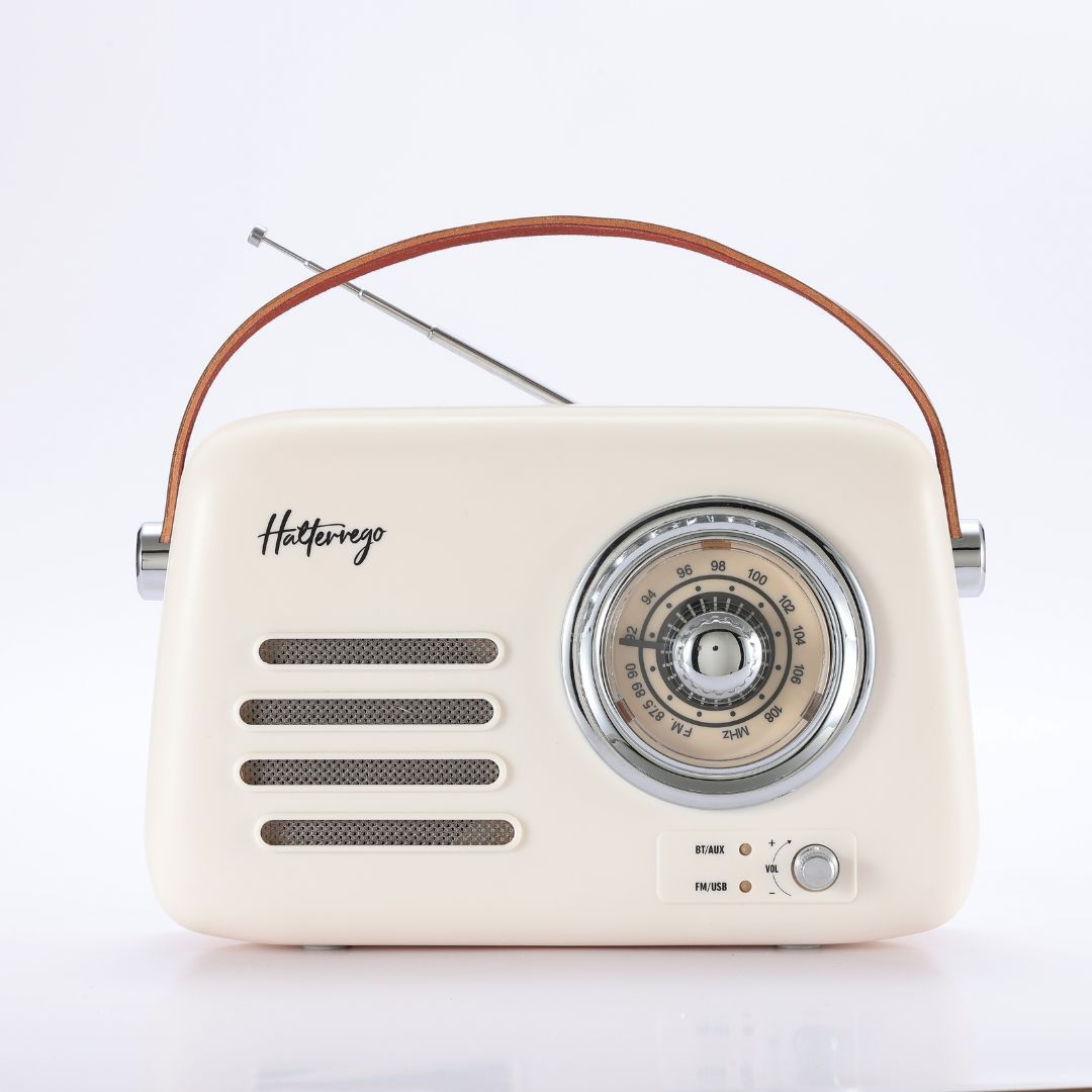 Halterrego Retro Radio Speaker, 5W RMS, Bluetooth, FM Radio, USB Port, Aux IN, Rechargeable Battery, Cream White