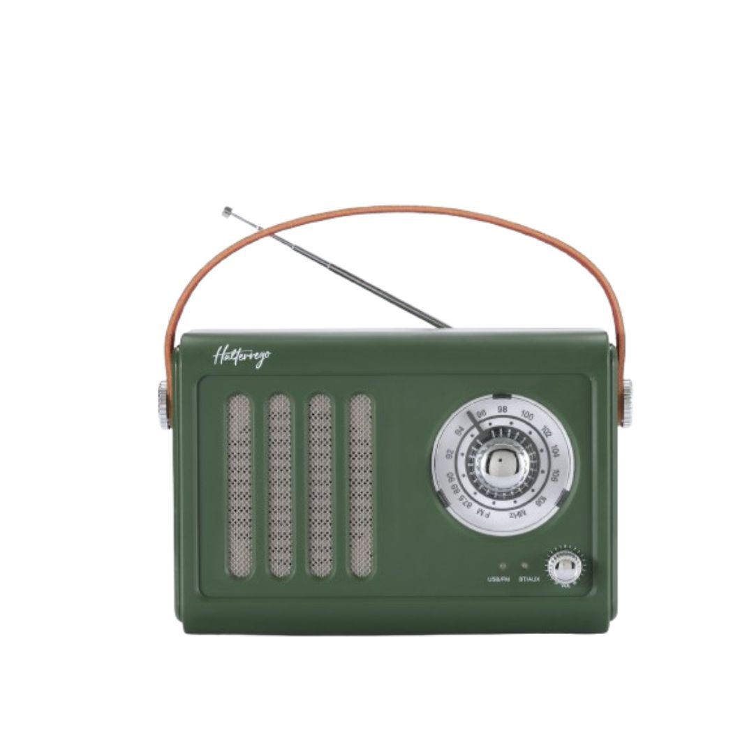 Vintage Retro Halterego Speaker, Bluetooth & FM Radio with USB & Aux Input, Rechargeable Battery, Green
