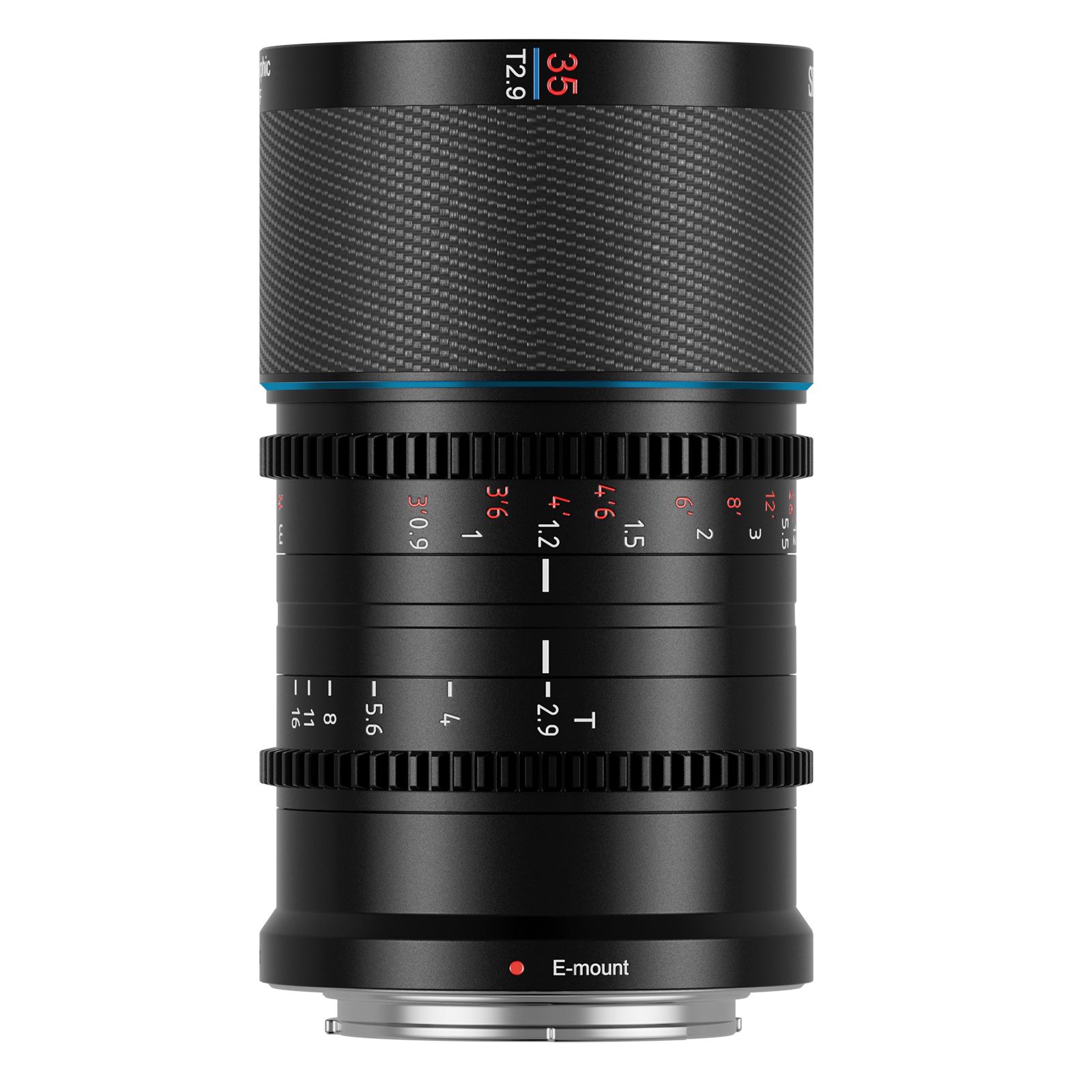 Sirui Saturn E35B 35mm T2.9 1.6x Full Frame Anamorphic Lens, Carbon, Mount E, Blue Flare