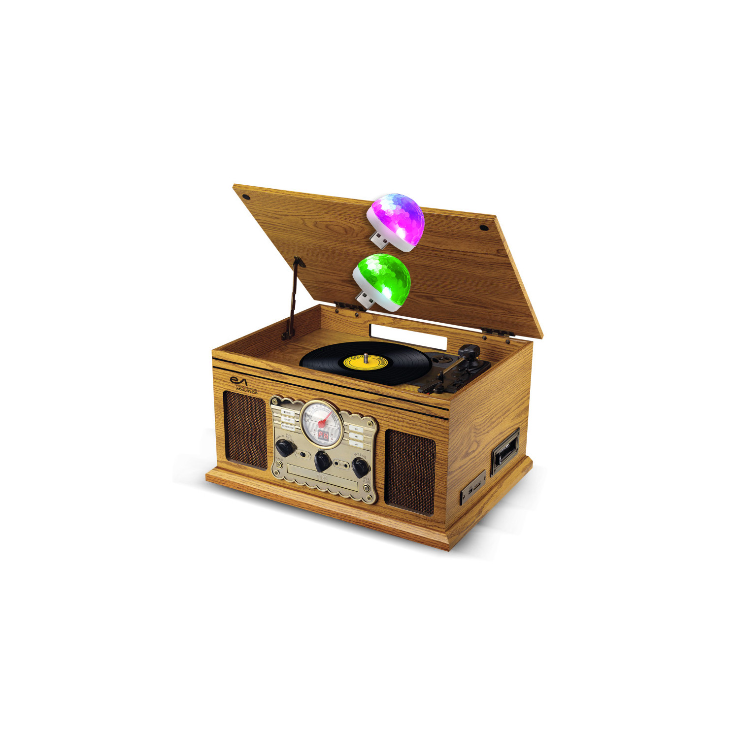 Evidence Acoustics EA-PL300-WOOD Vinyl Turntable, 60W, FM, CD, Cassette, BT USB REC, Retro Vintage, 2 Mini LED Lights