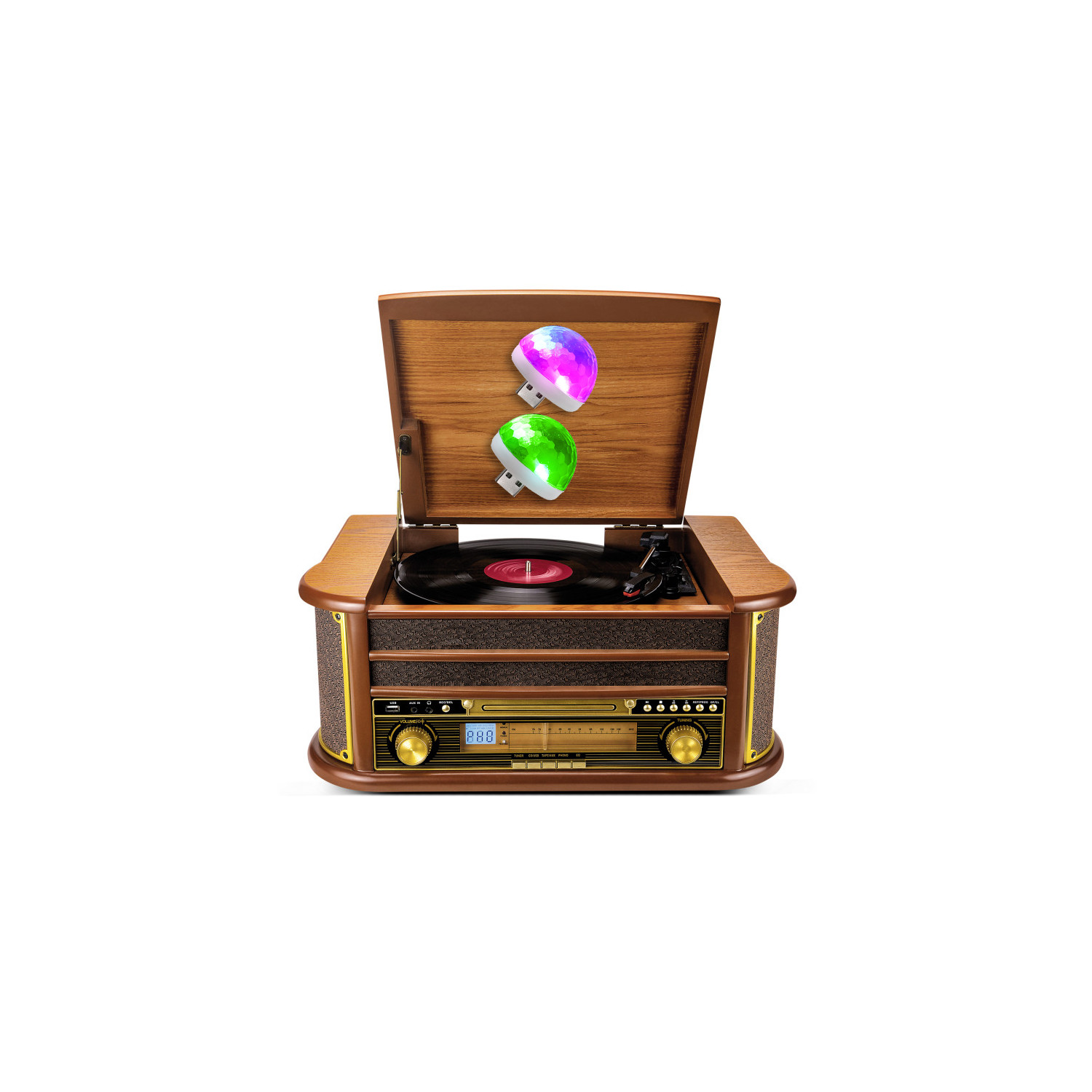 Evidence Acoustics EA-PL400 Vintage Turntable - Vinyl 33/45/78, 60W, FM, CD, Cassette, Bluetooth USB, REC, Retro, Wood, 2 Mini LED Lights