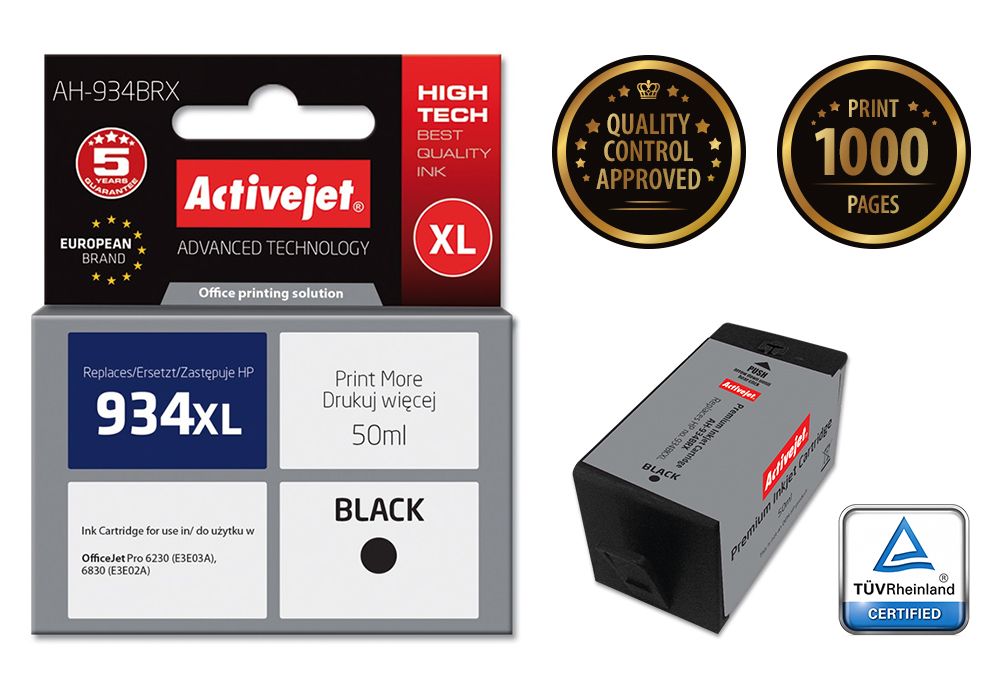 Activejet Ink Cartridge AH-934BRX (HP 934XL C2P23AE Replacement, Premium, 50ml, Black)