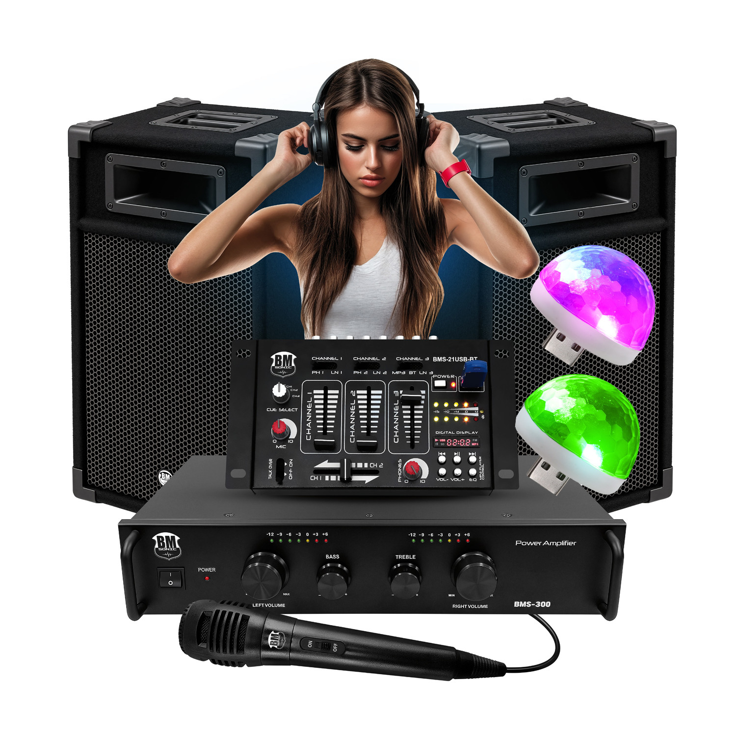 Kit de Sonorización Completo Bm Sonic BMS-DJ300 para DJs, Amplificador 300W, Mesa de Mezcla Bluetooth USB, Micrófono, Iluminación LED