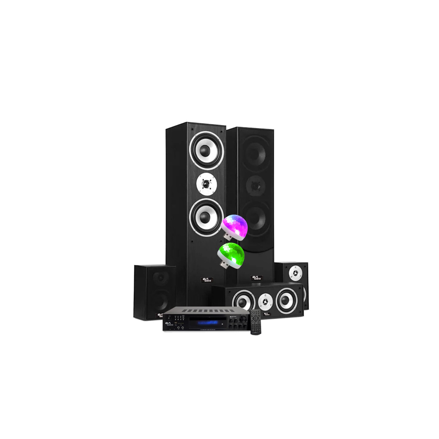 Evidence Acoustics HIFI Home Cinema System - 5 Speakers 850W - Karaoke 5.1 Amplifier with USB SD Bluetooth Radio and LED Disco Balls