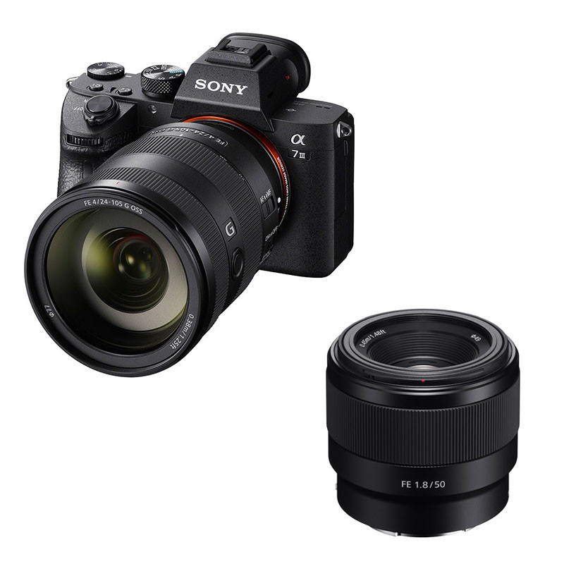 Kit Sony Alpha 7 III con objetivos FE 24-105 mm y FE 50 mm f/1.8, garantía de 3 años