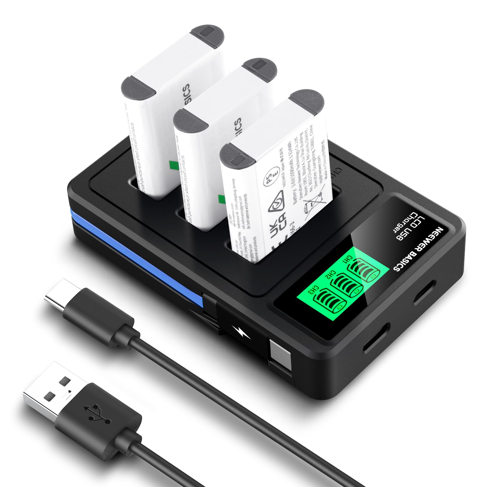 Neewer 3-Pack Replacement Batteries NP-BX1 with Triple USB Charger, 1090 mAh Power Bank for Sony ZV1, ZV-1 II, Cyber-shot RX100, RX100II, RX100M II, HDR-AS15, HDR-AS30
