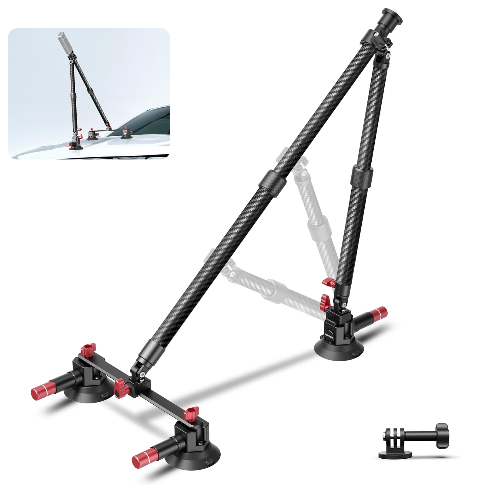 Neewer Carbon Fiber Tripod Mount with 3 Suction Cups, Adapter for Action Cam and NATO Rail, Extensible Pole 60cm, Max Load 1kg - CA136