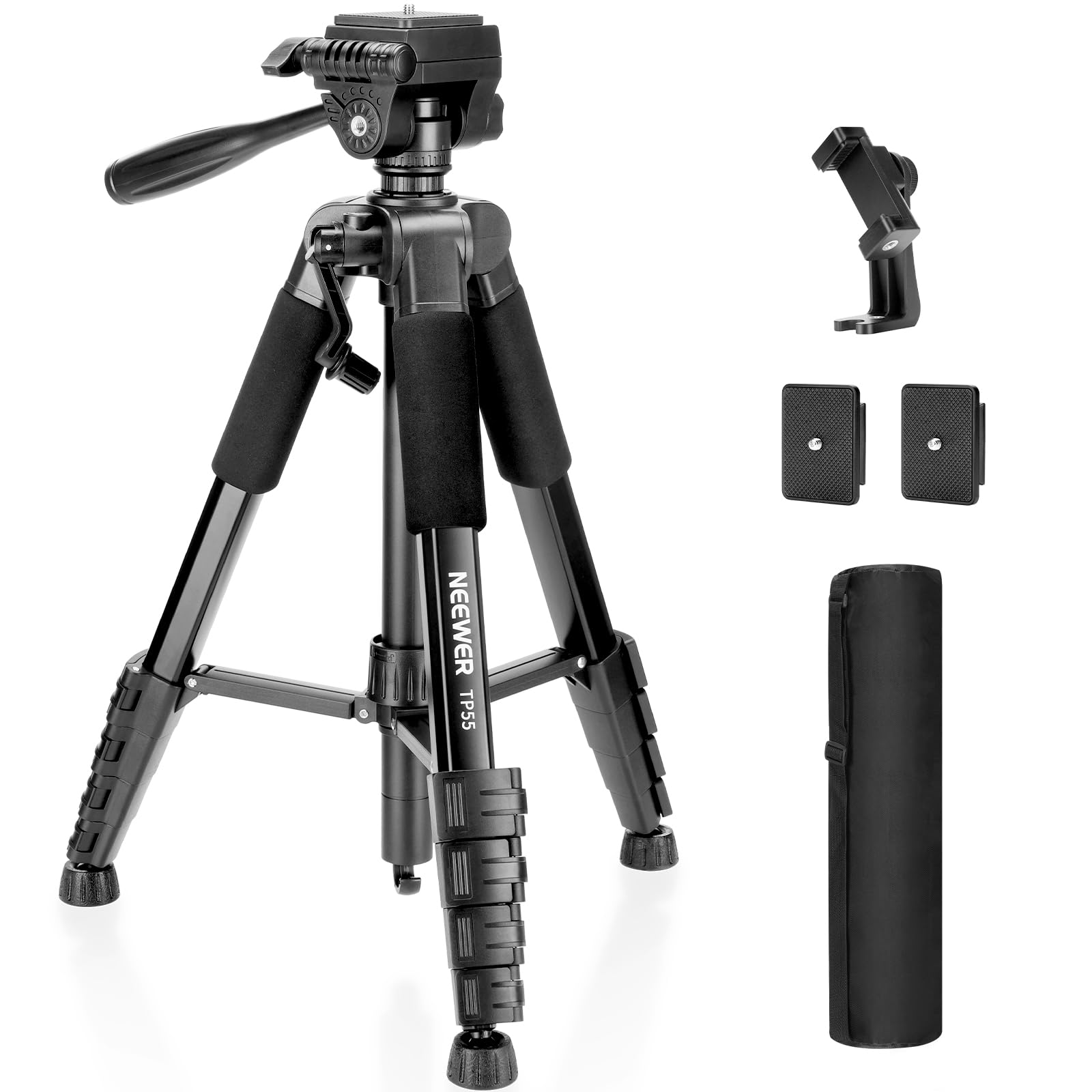 Trípode Neewer Básicos para Cámara, 71'' con Soporte para Teléfono Compatible iPhone, Vídeo de Viaje de Aluminio Profesional con Cabeza Panorámica y Ajustable en 3 Direcciones, TP55