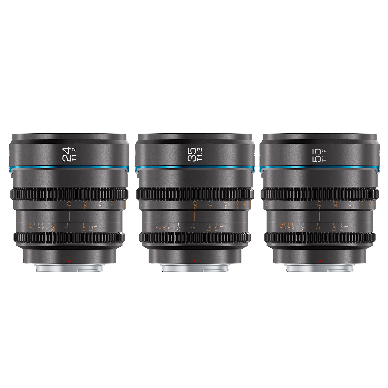 Kit de Objetivos Cinematográficos Manuales Sirui Night Walker S35 - Lentes Gran Angular 24mm/35mm/55mm f/1.2 para Montura Fujifilm X (MS-3SXG, Gris Metálico)