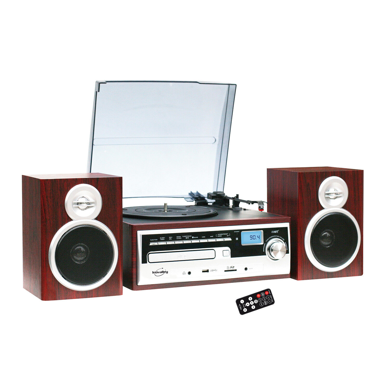 Inovalley CH14E 80W Vinyl Record Player with Bluetooth, CD, FM Radio and USB + Remote Control, 2 Disco LED Balls