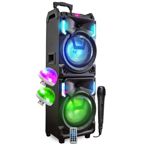 Haut-parleur BM Sonic XXL Autoproporté de 800W avec Effets LED, Microphone Karaoké, Roues et Balles de Discothèque