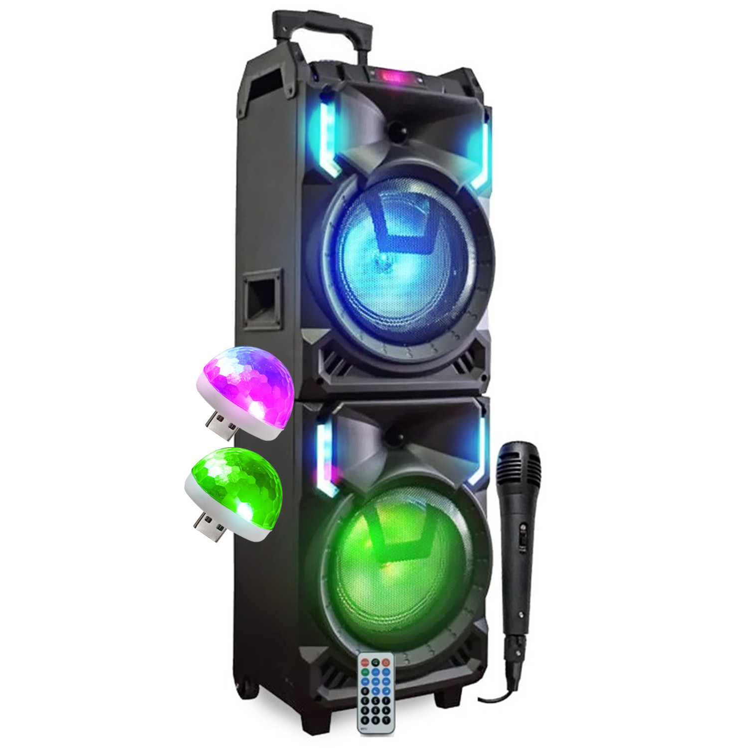 BM Sonic MEGA Enceinte 800W DJ Self-Propelled XXL USB Bluetooth with LED Effects, Karaoke Microphone, Trolley and Disco Balls